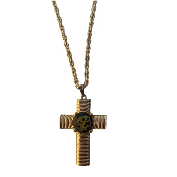 Jeane Dixon Zodiac Horoscope Astrological Glass Gold Tone Cross Pendant Necklace - Picture 2 of 4